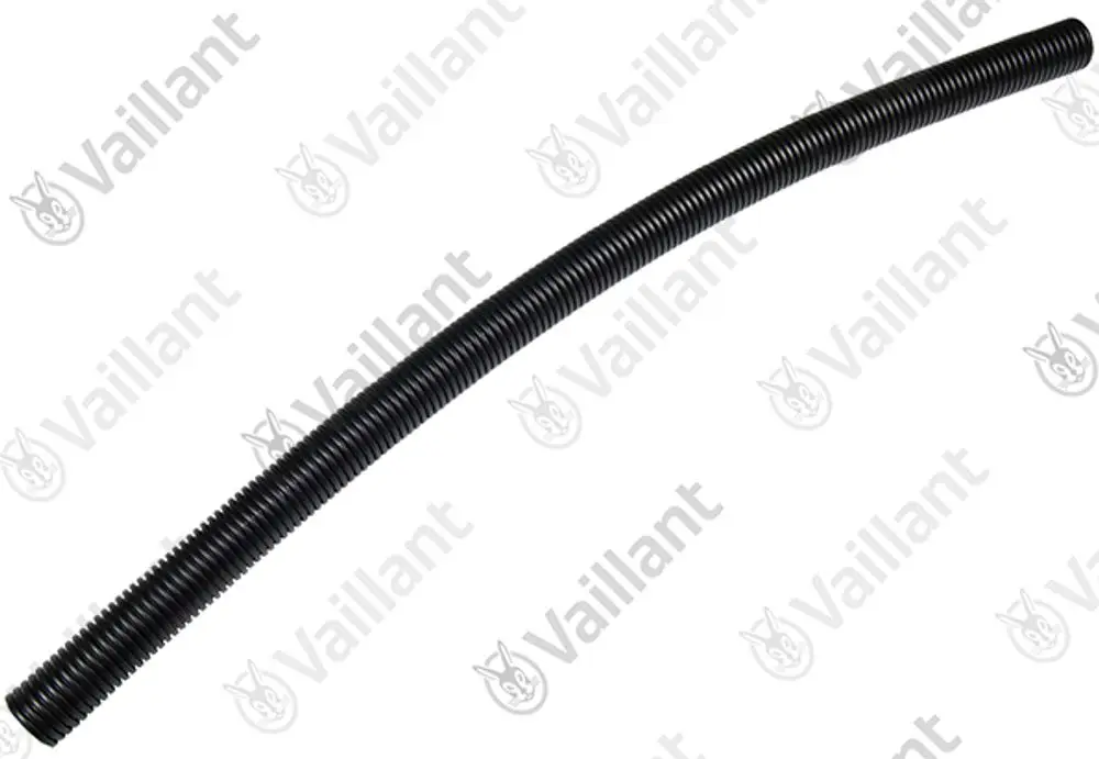 Schwarz gerippter Schlauch von Vaillant, flexible Form, geeignet für verschiedene Anwendungen im Heizungsbereich.